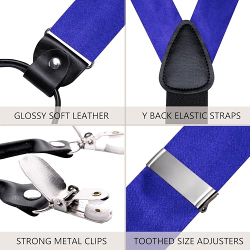 Image of Hi-Tie Men Suspender Bowtie Set Suspenders Pre-tied Bow Tie Pocket Square Cufflinks Adjustable Y Shape 6 Clips Braces Tuxedo