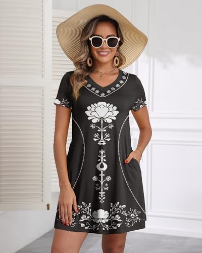 Image of COSSEN Women's Casual T Shirt Dress V-Neck Short Sleeves Swing Dresses Birthday Party Summer Travel Beach with Pocket