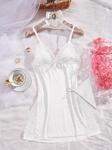 Image of Foxiny Sexy Split Side Floral Lace Trim Full Slip Night Gown Babydoll Lingerie Dress with Thong 2 piece