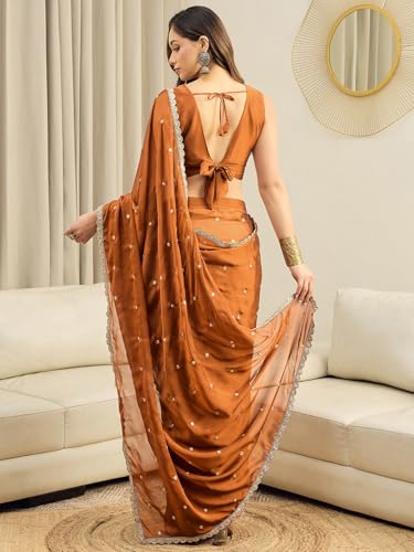 Image of AKHILAM Women's Shimmer Pure Georgette Embroidered Ready To Wear one Minute Saree With Unstitched Blouse Piece