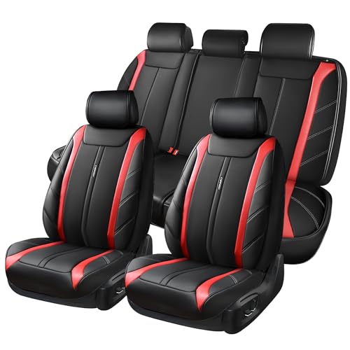 Image of CAR PASS Luxury Faux Leather Seat Covers Full Set, Breathable Sporty Premium Leather Seat Covers, Waterproof Anti Slip Automotive Seat Covers Universal Fit for 95% Trucks SUV Sedans Van,Black and Red