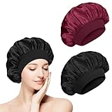 flintronic 2 Piezas Gorro de Satén Ajustable, Capó de Satén de Seda, Gorro Ducha Mujer para Dormir Pelo Rizado Mujeres y Chicas, Negro + Burdeos