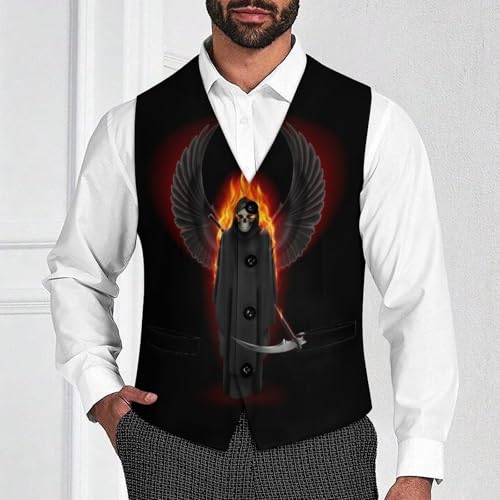 Grim Reaper with Wings Up in Flame Men's Suit Vest Slim Fit V-Ncek Waistcoat Business Casual Vest2