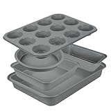 Barlket Baking Pans Set, Baking Set Nonstick with Grey Marble Coating, 5-Piece, Oven Safe, Even Heating, Stackable Bakeware Set with Carbon Steel Round/Square Cake Pan, Muffin, Bread Tin