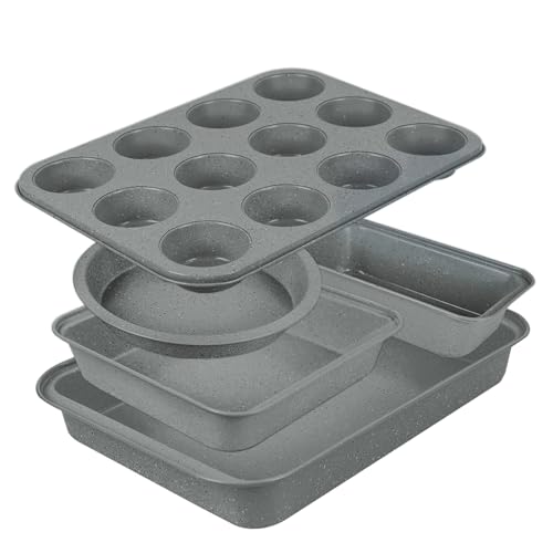 Image of Barlket Baking Pans Set, Bakeware Sets with Grey Marble Coating, 5-Piece Baking Set for Oven, Nonstick Premium & Even Heating, Stackable, Carbon Steel, with Round/Square Cake Pan, Muffin, Bread Tin