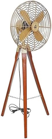 Generic Brass Floor Fan With Wooden Adjustable Tripod Stand - Electric Pedestal Working Vintage Royal Navy Floor Fan With Brown Wooden Tripod - Working Cooling Floor Fan, 55 Inches, BF-IAH-01 image 3