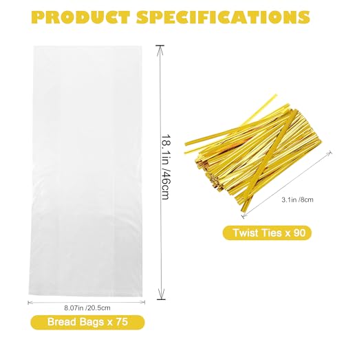 Homrelaxy 75Pcs Plastic Bread Bags for Homemade Bread and 90 Ties, 18 x 8 x 4 Inch Reusable Clear Loaf Bags, Adjustable, Perfect for Home Bakers and Bakeries