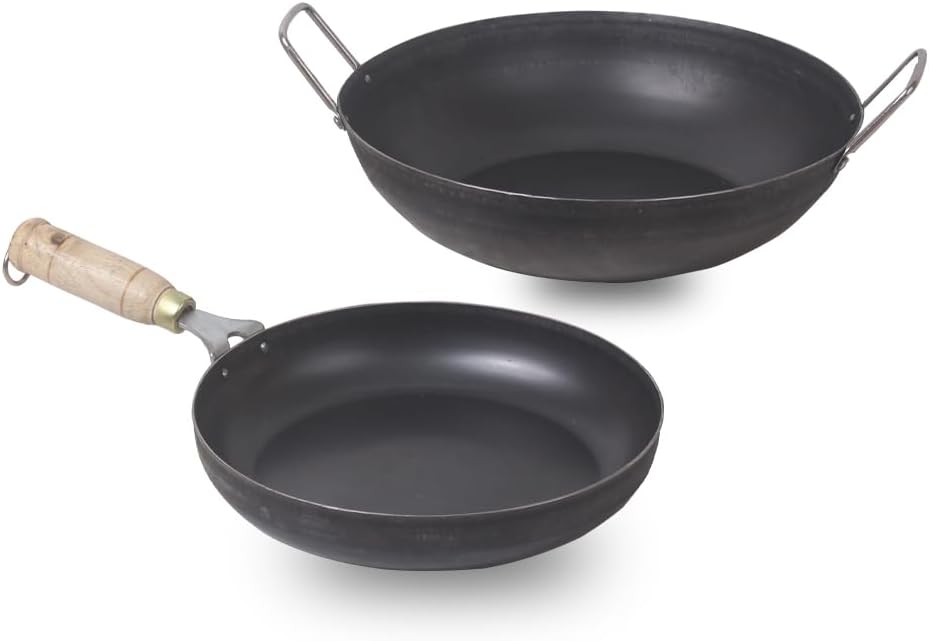 Pre-Seasoned Iron Cookware Set | Fry Pan (24.7 cm/1.5L) + Kadai (24.6 cm/2.7L) | Kitchen Cooking Combo Pots and Pans Set of 2Pcs | Naturally Nonstick