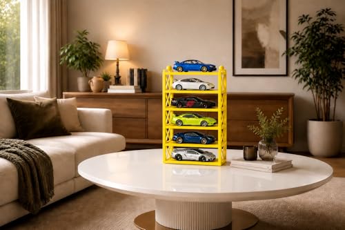 Image of AApnatva 6-Car Display Rack - Premium Matte Black Tabletop Organizer with Tire Slots & Side Guards for 1:64 Scale Diecast Cars (Hot Wheels, Matchbox, Tomica,)(NO CAR INCLUDED) (Yellow)