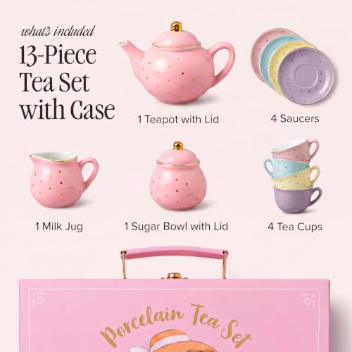 Image of Giggle & Honey Porcelain Tea Party Set for Girls, Pastel Tea Set for Toddlers with Teapot and Cups, Kids Teacup Sets for Little Girl with Carry Case, Birthday Gifts for Girls 3, 4, 5, 6, 7, 8 Years