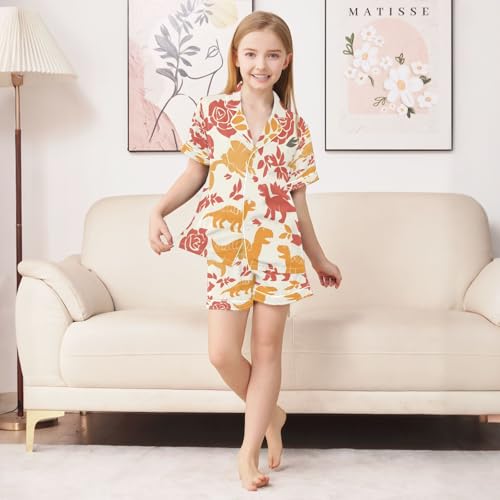 senya Pajama Sets Silky Button Down Nightwear Sleepwear Size 5-14 Years Colorful Dino Rose3
