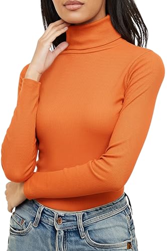 Re Tech UK Ladies Plain Ribbed Cotton Polo Turtle Roll Neck Tunic Top Jumper Full Sleeve, Orange, M/L 12-14