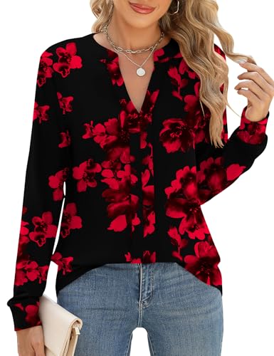 Micoson Womens Long Sleeve Tops Dressy Casual Notch V Neck Tee Shirts Ladies Tops and Blouses Full Sleeve Business Outfits Black Big Red Floral L