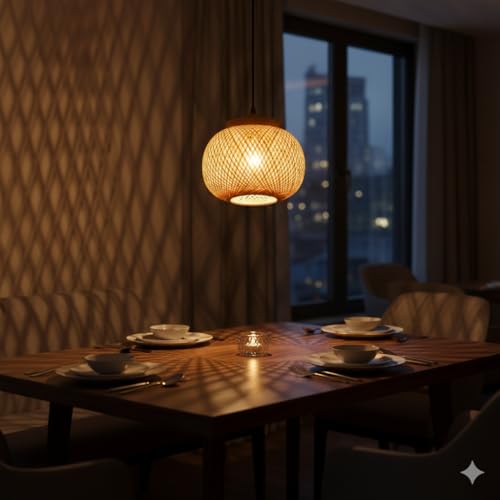 Image of Handmade Bamboo Hanging Lamp Shade with Holder & Wire | Eco-Friendly Natural Pendant Light for Living Room, Cafe, Restaurant & Home Decor | Boho Ceiling Lamp 20 * 20cm