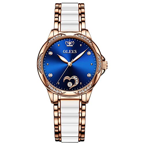 OLEVS Watch for Women Automatic Self Winding Mechanical Ladies Wrist Watch Big face Two Tone Stainless Steel Ceramic Bracelet Heart Diamond Fashion Luxury Ceramic Band Luminous Waterproof…