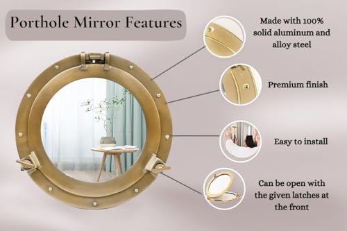 Bullauge-Spiegel und Fenster aus Aluminium mit Schiffen – nautischer runder Wandspiegel mit robustem Rahmen für Badezimmer, Wohnzimmer und Außenbereich (Golden, Mirror, 30 inch) – Bild 4
