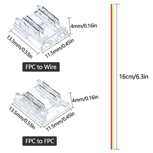 GOMING 10mm/0.39in CCT COB LED Strip Connector Kit 4Pin 10Pcs Strip to Wire Transparent Gapless Connectors 6Pcs Strip to Strip Connectors 5Pcs 15cm/5.9in Extension Wires for CCT COB LED Strip - Image 2