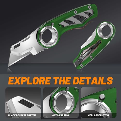 Folding Utility Knife Pocket Knife, Heavy-Duty Box Cutter with Aluminum Body, Quick Change Blades, Anti Slip Finger Loop, Box Cutter for Home, Office, Warehouse, Durable Razor Knife, Box Knife - Green — view 5