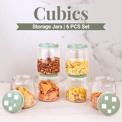 Image of FLAIR Cubics Airtight Food Storage Containers Set of 6 (1500ml each) with Spoons - Green, BPA-Free, PET Plastic Jars, Space-Saving for Pantry, Snacks