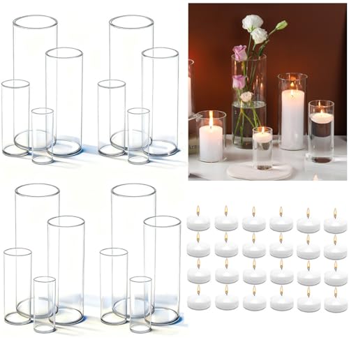 UDU Set of 16 Cylinder Glass Vases and 24 Pcs Floating Candles for Centerpiece, 4,6,8,10 Inch Tall Clear Hurricane Candle Holder Glass Vases for Centerpiece Table Wedding Home Decor