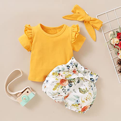 Patpat Baby Girl Clothes Short Sleeve T-Shirt Top And Bowknot Short Set Cute Baby Girl Outfits Yellow 3-6 Months #TOP1