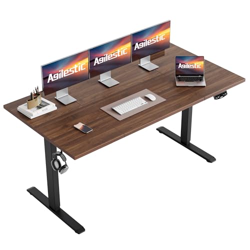Image of Agilestic Electric Standing Desk, 63 x 23.6 Inches Height Adjustable Desk, Sit Stand up Desk for Work Office Home, Splice Board, Dark Walnut