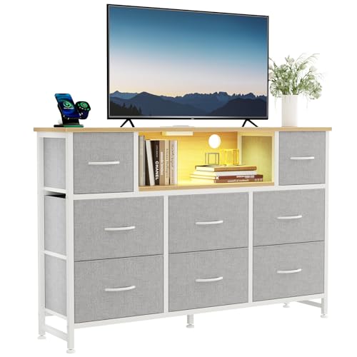 Image of DUMOS TV Stand Dresser with 8 Fabric Drawers and Open Shelves, LED Entertainment Center with Charging Station, Wood Top Media Console for 45-55 inch, Bedroom, Light Grey
