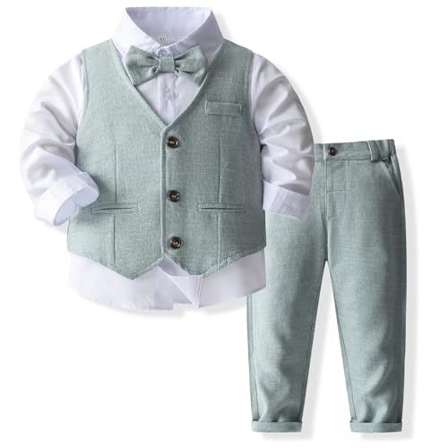 Yaopelky Formal Suit Set Baby Boy Toddler Gentleman Outfit Vest Suits with Bow Tie Dress Shirt Pant Boys Wedding Outfits, Grün, 12-18 Monate
