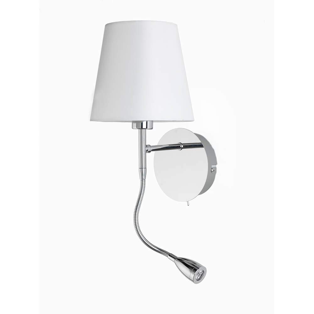 ONLI Applique in Metallo Cromato e Paralume in Tessuto Bianco. Faretto LED Flessibile Integrato con Interruttore sulla Base