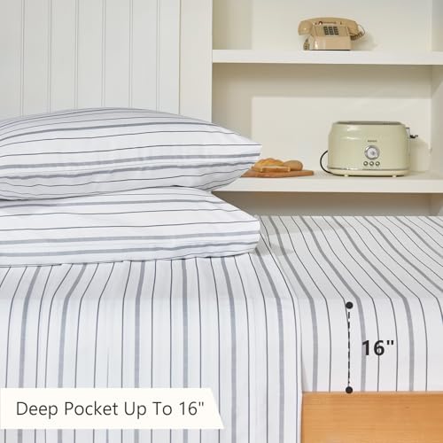 Image of MCO 4Pieces Striped Sheets Set, Breathable King Sheet Set with 16 inch Deep Pocket,Modern & Luxury, Brushed Microfiber Bedding Set(King, White)