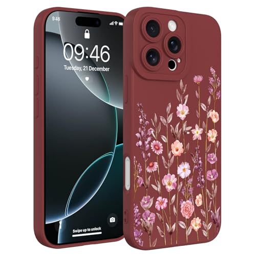 Image of Designed for iPhone 16 Pro Case Flower for Women Girls, Wine Red | Cute Floral Pattern Liquid Silicone Phone Case [Full Camera Protection] Slim Soft TPU Protective Cover