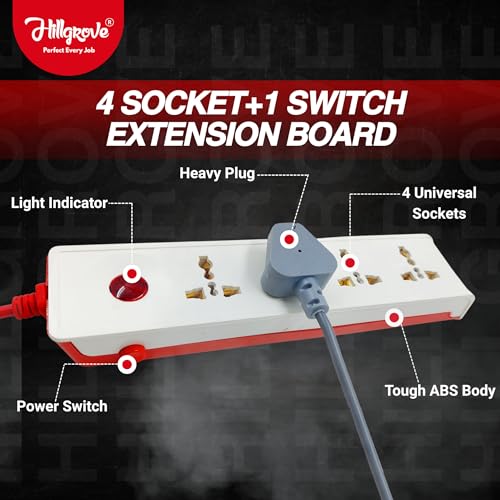 Image of Hillgrove 5 Meter Long Cable Power Extension Board with 4 Universal Socket and 1 Switch Surge Protector Board for Computer /Laptop /Fridge 4 Socket Extension Boards (White)