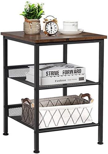 COSTWAY 3-Tiers Industrial Side Table with Metal Mesh Shelves, Rustic Storage Organiser Display Stand, Home Office Living Room Bedroom Nightstand Sofa Table
