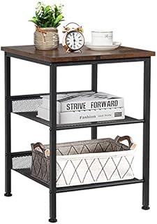 COSTWAY 3-Tiers Industrial Side Table with Metal Mesh Shelves, Rustic Storage Organiser Display Stand, Home Office Living Room Bedroom Nightstand Sofa Table