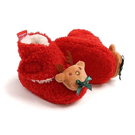Mysig fleece baby tossor med ekologisk bomull fodrad, halkfri och mjuk sula nyfödd söt barnvagn spjälsäng prewalker strumpa skor unisex baby spädbarn småbarn toffel tossor vinter varma skor, Röd - Röd julupplaga - 12-18 Månader