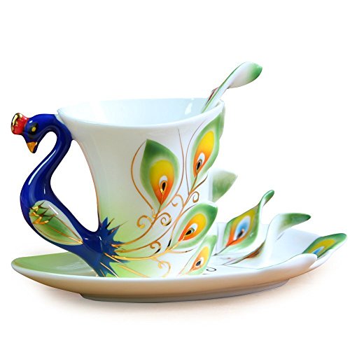 vanki 1 pc Collectable Fine Arts China Porcelain Tea Cup and Saucer Coffee Cup Peacock Theme Romantic Creative Present,Green
