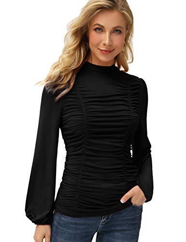 GRACE KARIN Womens Long Lantern Sleeve High-Neck Ruched Front Fitted Blouse2