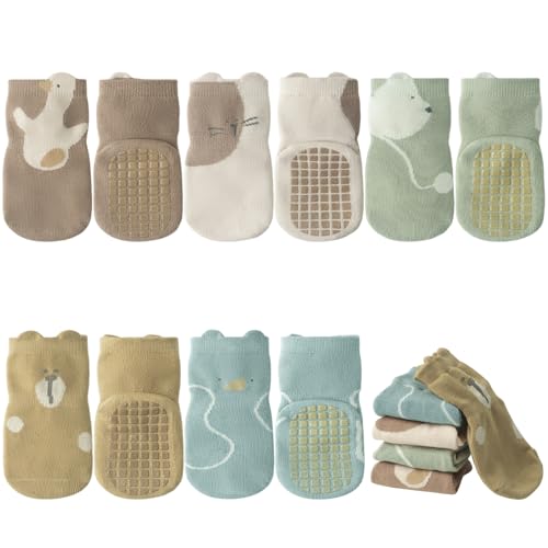 Calcetines Antideslizantes Bebé Invierno Otoño, Unisex Niña Niño, Algodón con Agarre, Animales Deportivos, Recién Nacido 1-3 Años, 5 Pares