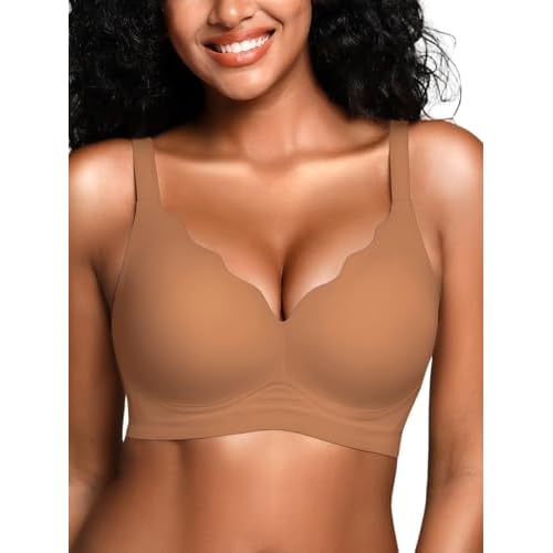 Wireless Jelly Bras for Women No Underwire with Support - S-2XL Seamless Bralettes Everyday Comfort Tshirt Padded Bra Coffee Medium