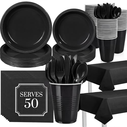 352 Pcs Black Plastic Plates Party Set 50 Guests Disposable Dinnerware Set with Black Tablecloths Elegant Black Plastic Plates Party Set for Wedding/Corporate Event/Formal Dinner/Gala