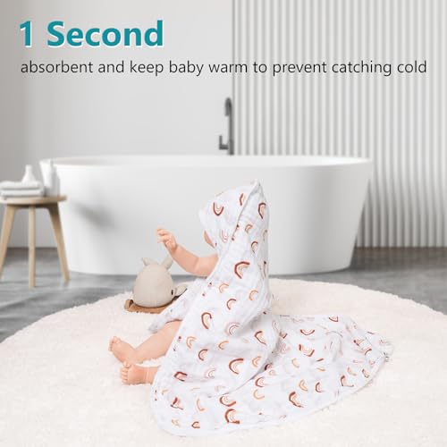 Image of PHF 2 Pack Baby Hooded Towels, 100% Muslin Cotton Baby Bath Towel with Hood for Newborn, Infant, Toddler, Ultra Soft and Absorbent Baby Essentials Bath Towels for Boys Girls, 32x32Inch, Rainbow