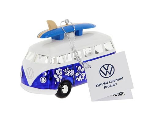 BRISA VW Collection - Volkswagen T1 Samba Bus Decorazioni natalizie in vetro in confezione regalo (blu con tavola da surf)