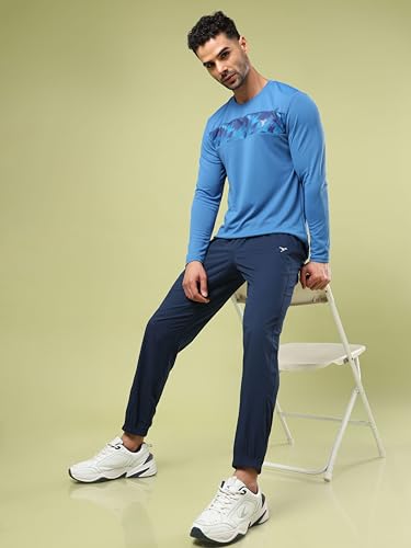 Image of TECHNOSPORT Men Polyester Self Design Chest Print Slim Fit Long Sleeve T-Shirt for Gym, Workout and Regular Use with SPF50+