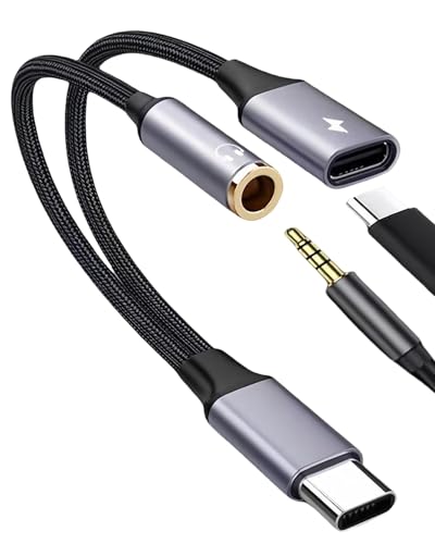 USB C to 3.5mm Jack and Charger Adapter 2-in-1, USB Type C to Aux Audio with PD 15W Fast Charging, Compatible with iPhone 16/15 Pro Max, Galaxy S24/S23 Ultra, iPad Pro (Gray)