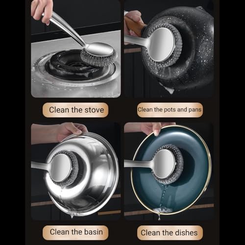 Image of Steel Wool Scrubber Dish Brush with Handle, Deep Cleaning Metal Scrubber Set (Gray)