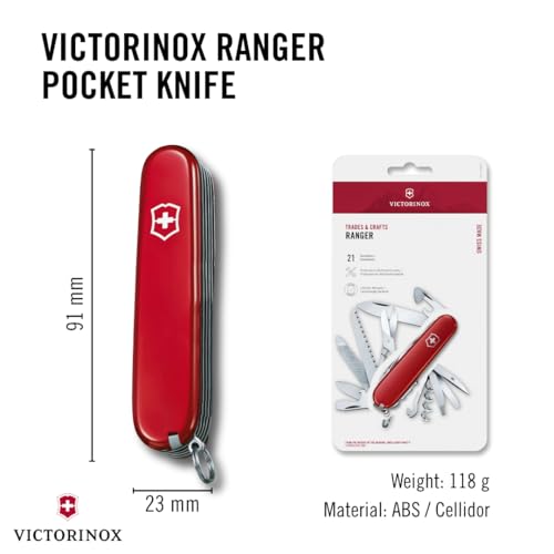 Victorinox Ranger Swiss Army Knife, Medium, Multi Tool, Camping Knife, 21 Functions, Blade, Scissors, Red, Brown