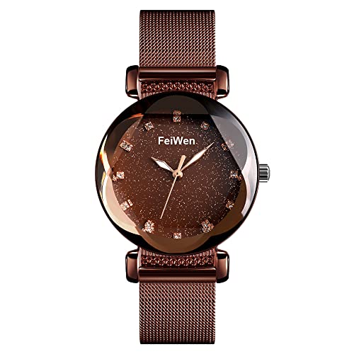 FeiWen Fashion Lujo Relojes Mujer y Niña Cielo Estrellado Marcar y Cristal Poligonal Casual Cuarzo Analógico Elegante Acero Inoxidable Reloj de Pulsera (Marrón)