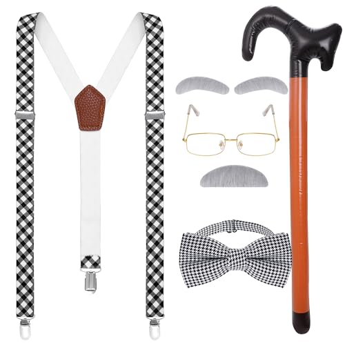 Dxhycc Kids Old Man Costume Grandpa Dress Up Accessories Glasses Suspenders Bow Tie Inflatable Cane Moustache and Eyebrows Set