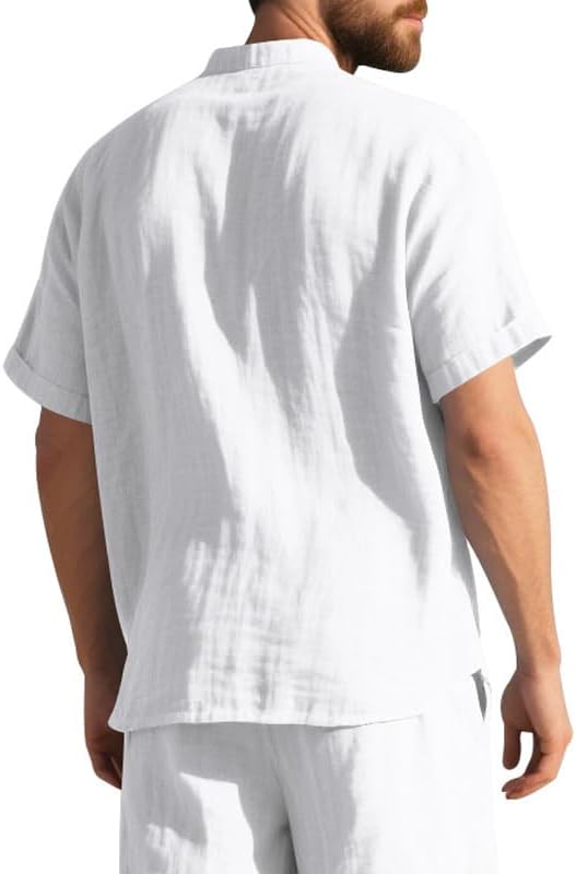Men's Cotton-Linen Shirt - Short Sleeve Button Down Breathable Business Casual Shirt with Pocket for Vacations - Image 2