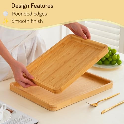 Image of HOKIPO Natural Bamboo Serving Tray Set - Multipurpose Kitchen, Breakfast & Tea Tray (Medium + Large) (AR-5769-ML)